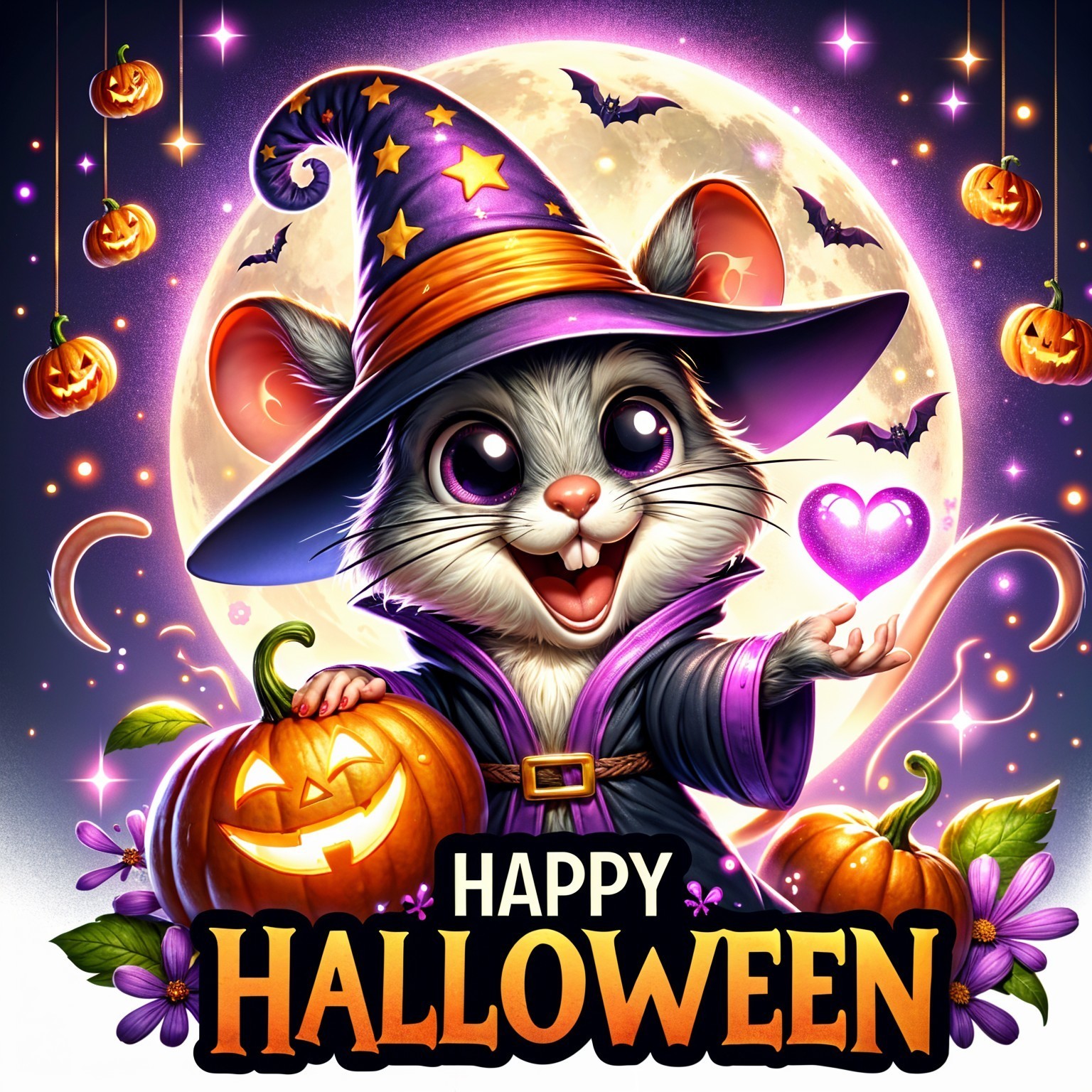 Cartoon Mouse Wizard with Halloween Elements and Moon