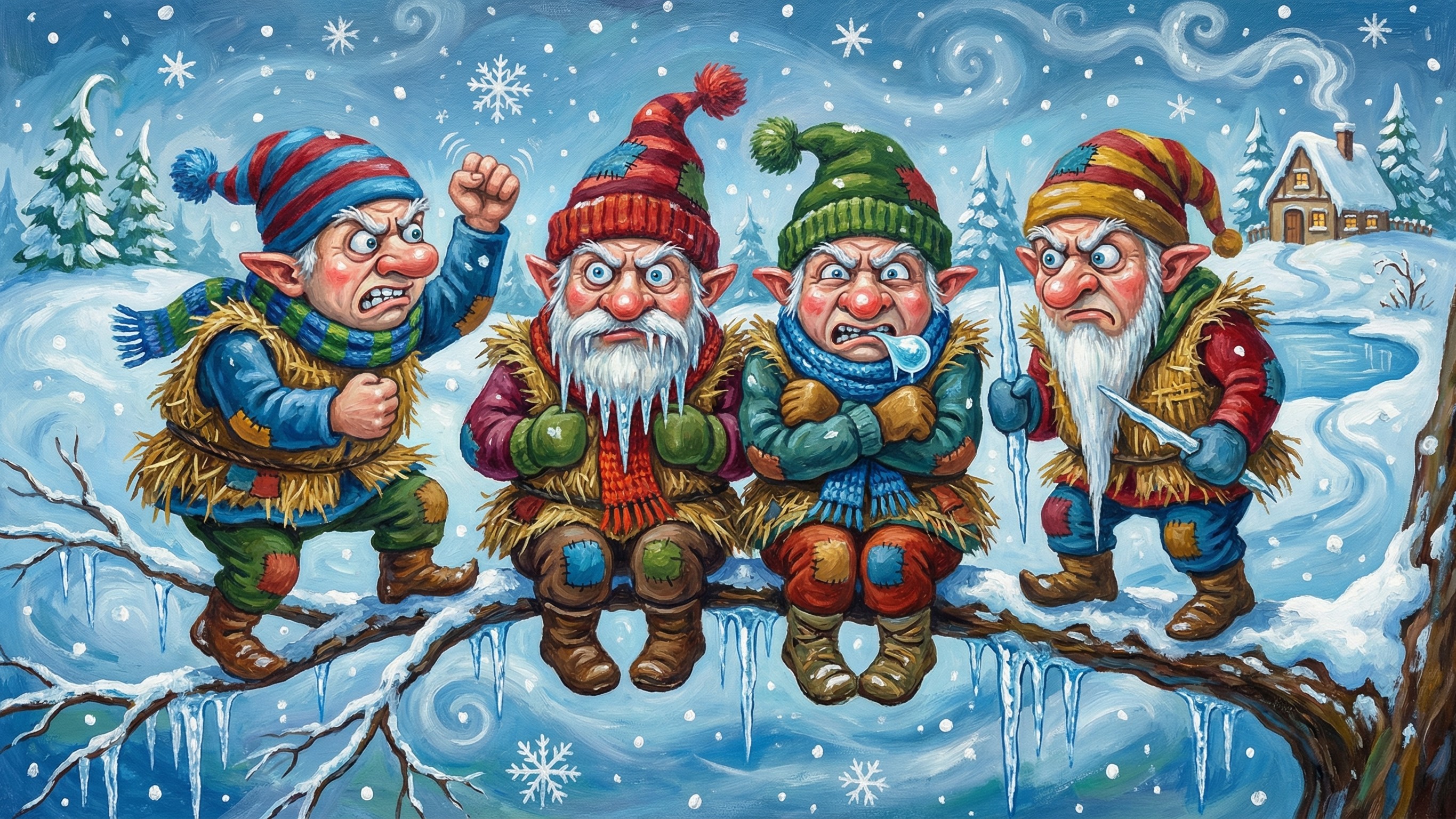 Vibrant Painting of Angry Elves in Winter Scene