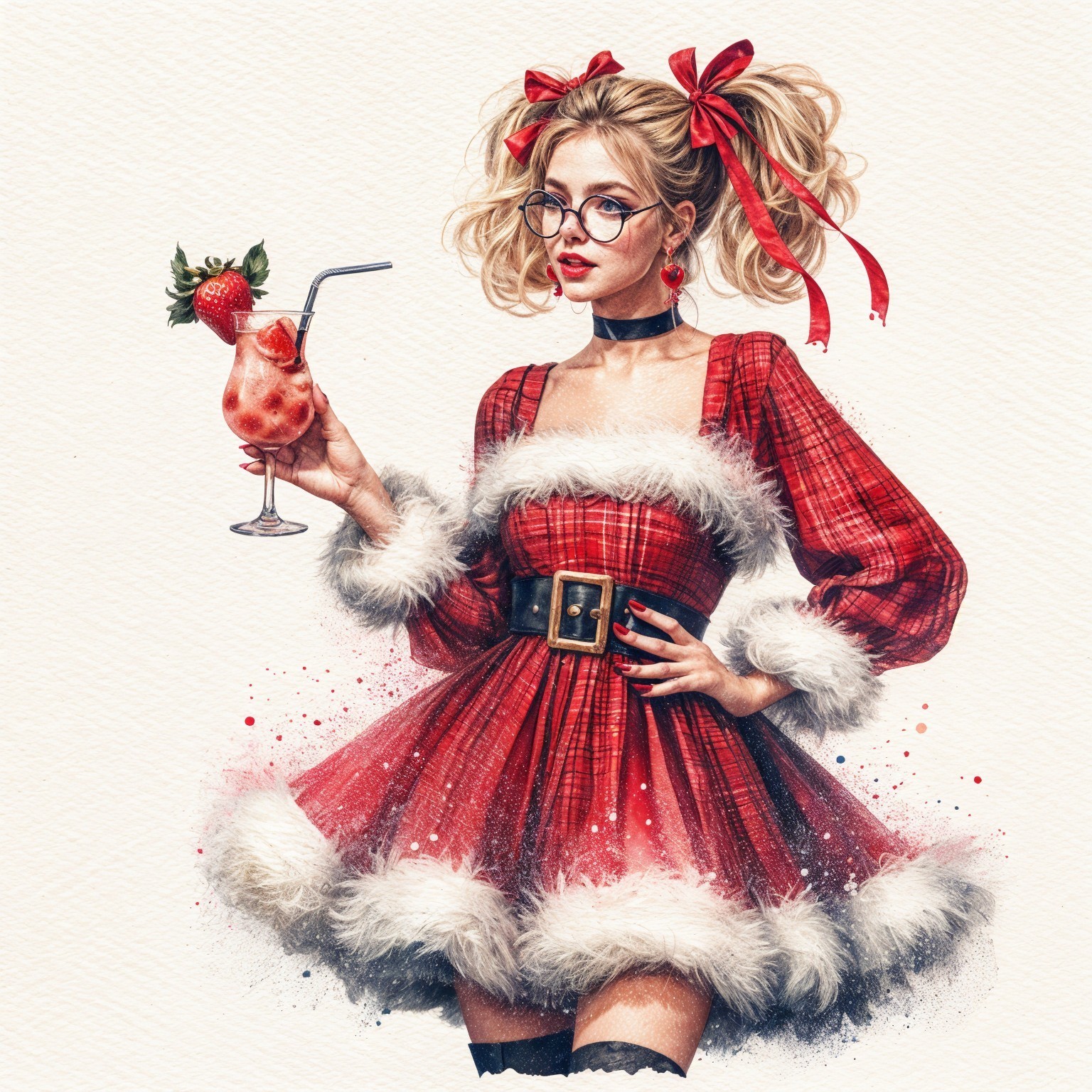 Festive Character in Red Plaid Dress with Cocktail