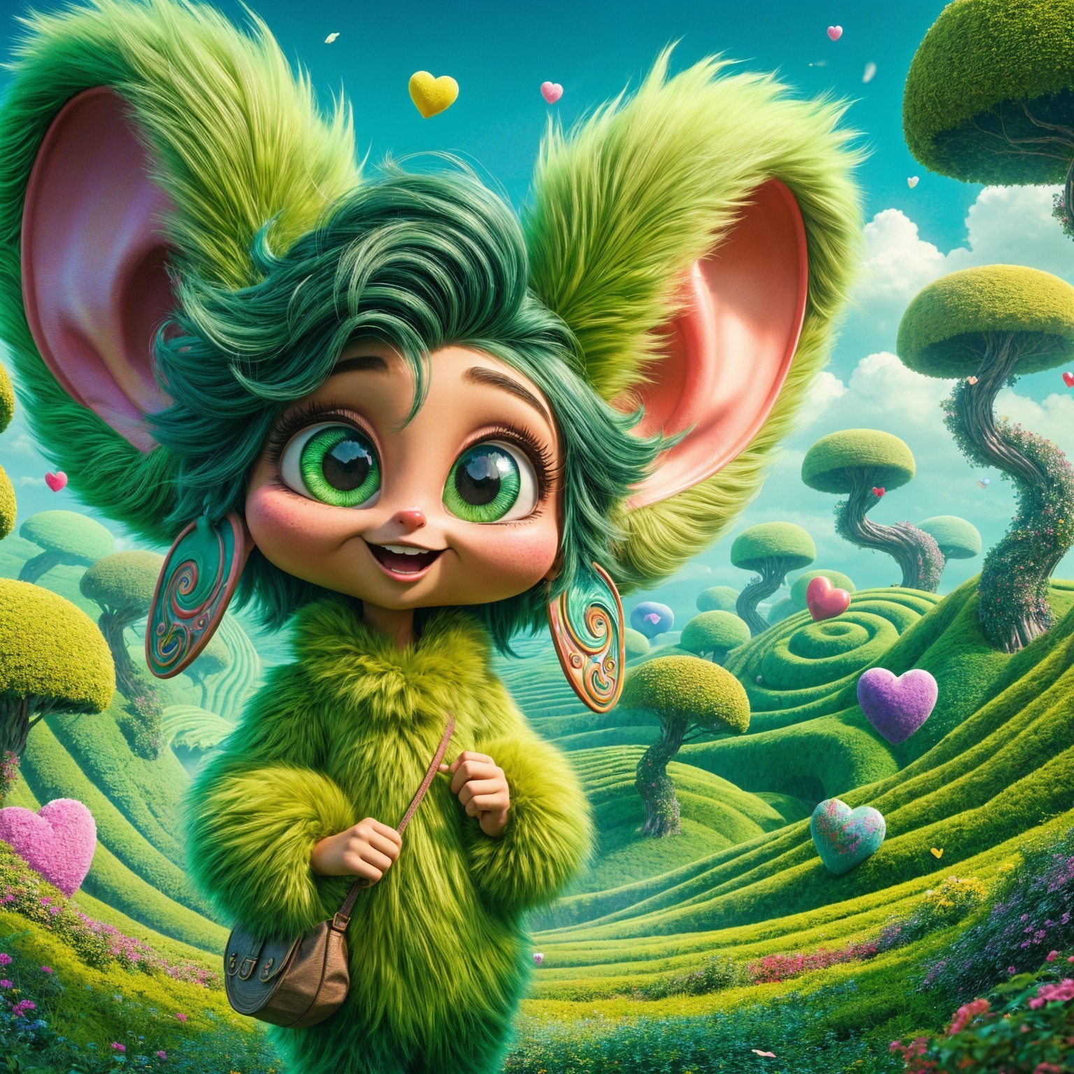 Whimsical Green-Furred Character in Vibrant Landscape
