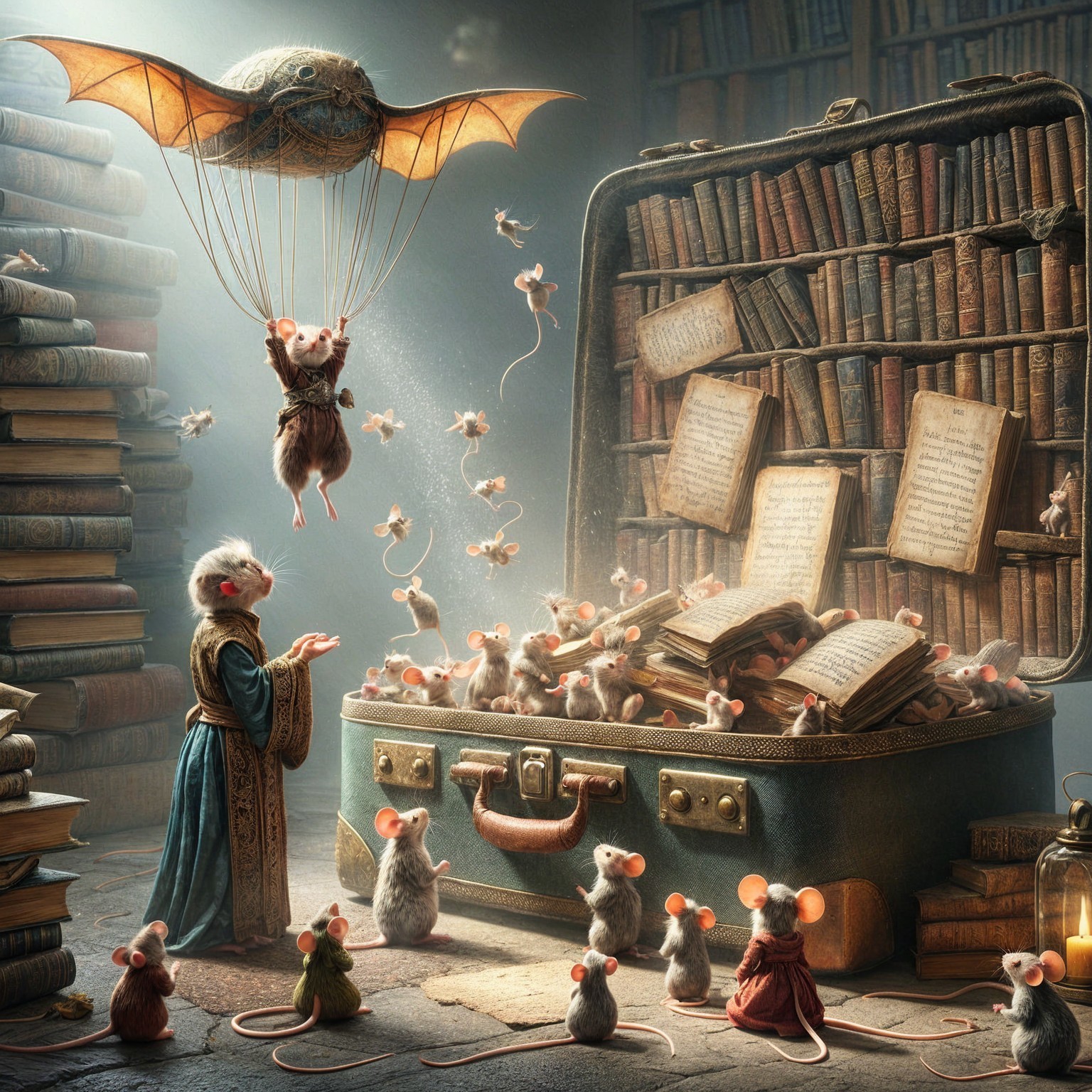 Whimsical Library Scene with Mice and Books