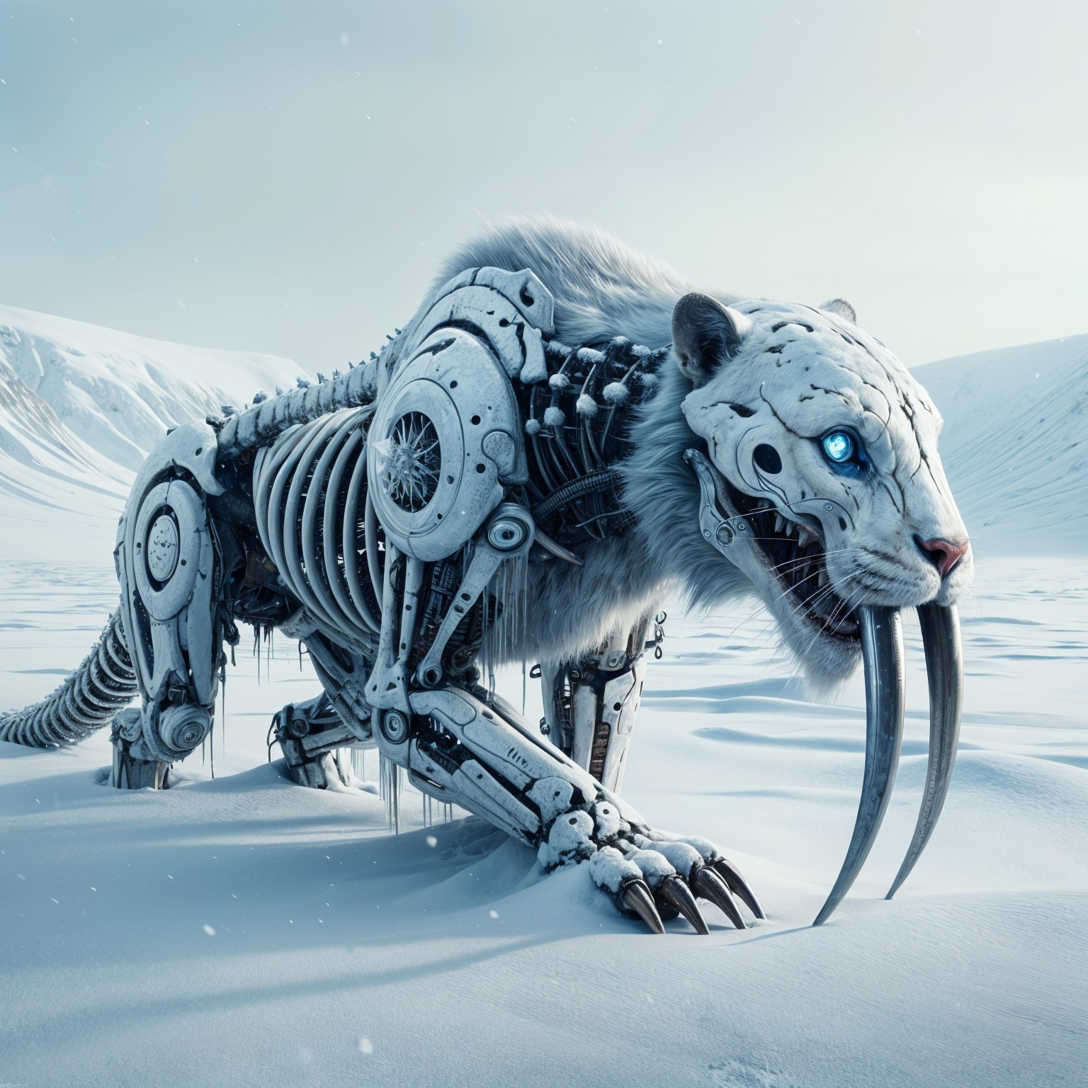 Robotic Saber-Toothed Tiger in Snowy Landscape