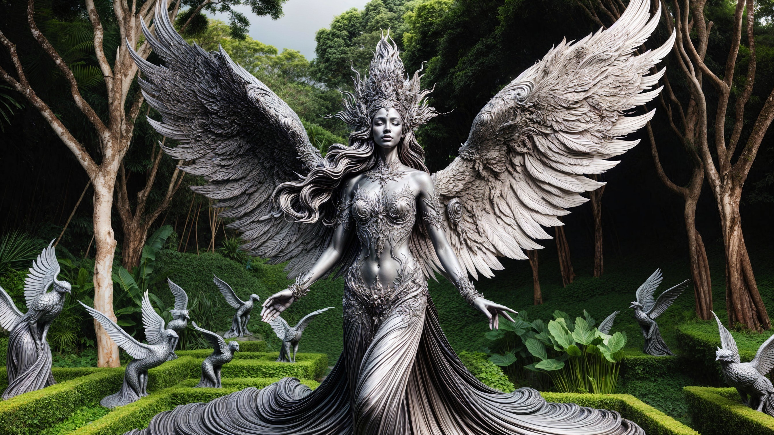 Silver Winged Woman Sculpture in Lush Garden Setting
