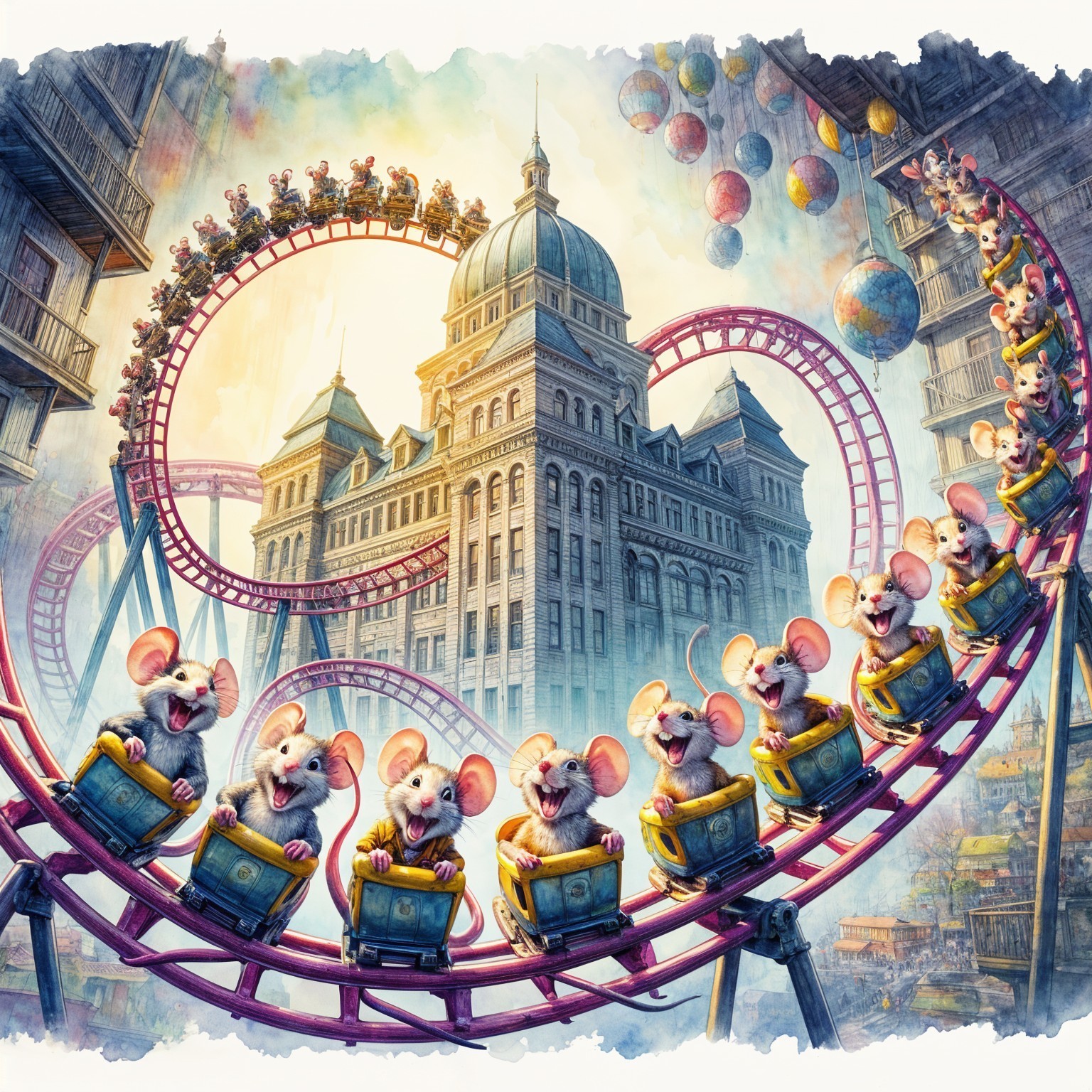 Animated Mice on Roller Coaster Around Grand Building