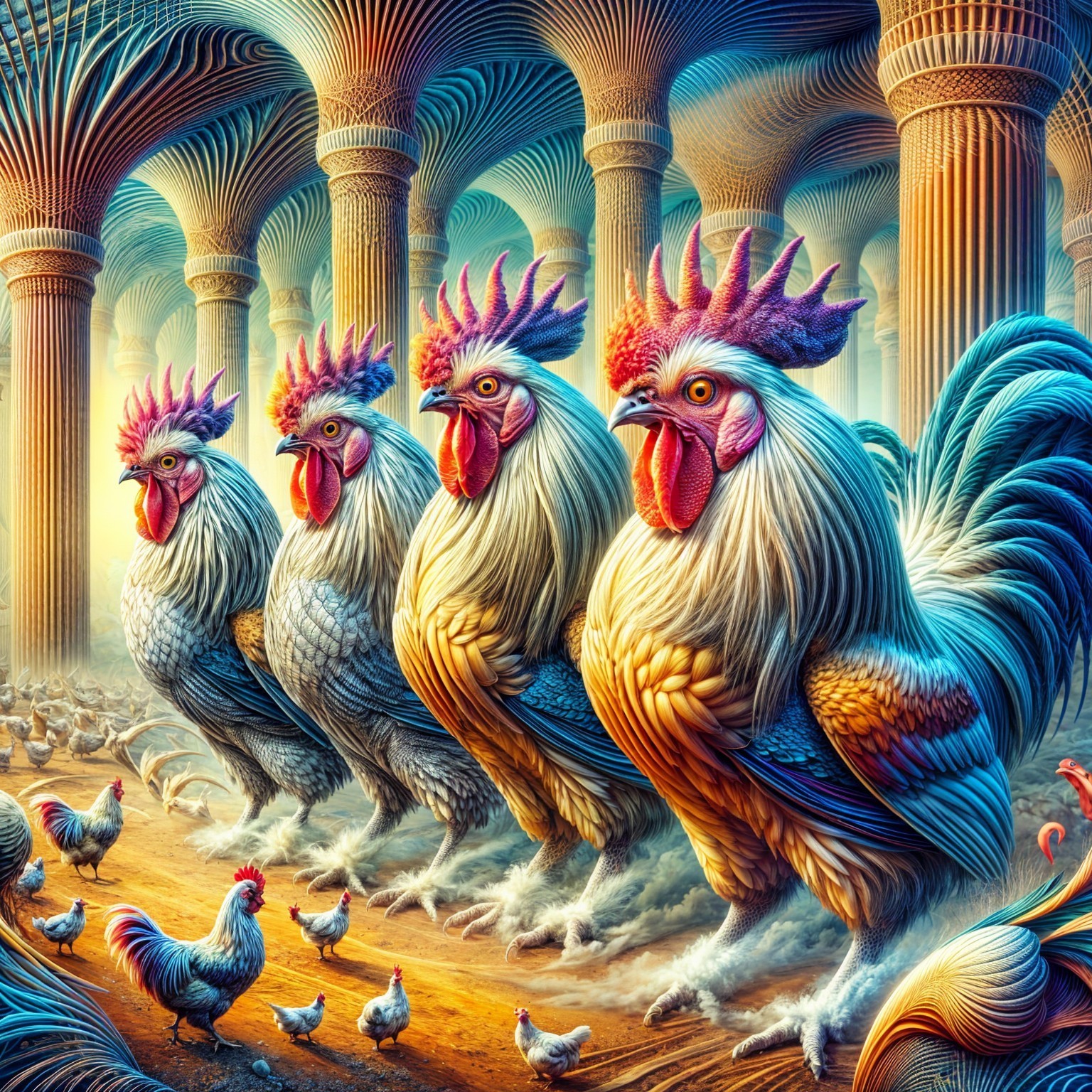 Majestic Roosters in a Grand Ancient Colonnade