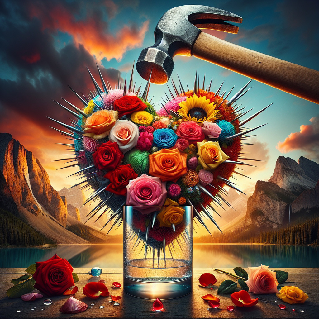 Heart-Shaped Flower Arrangement with Sunset Background