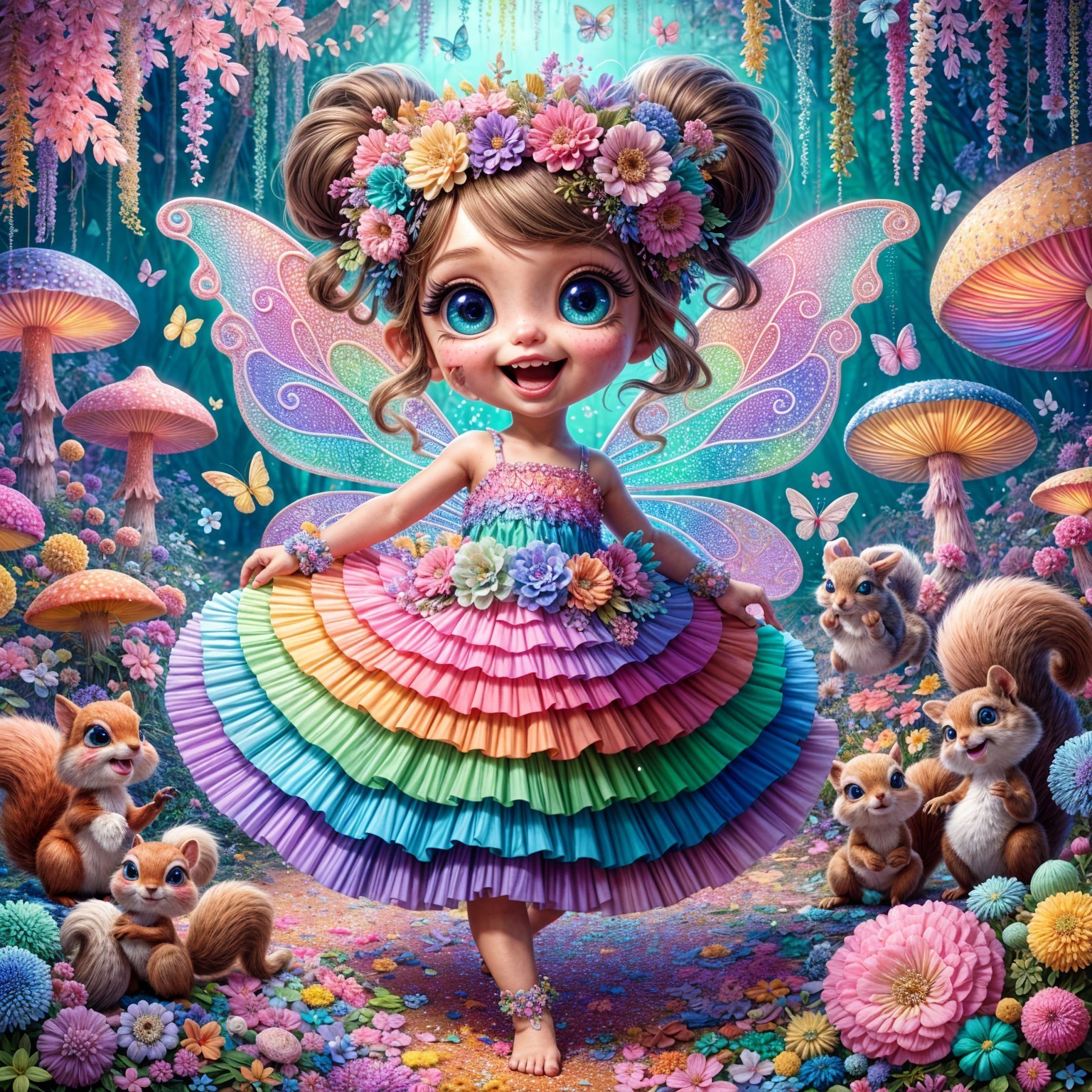 Whimsical fairy girl in a vibrant flower-filled forest