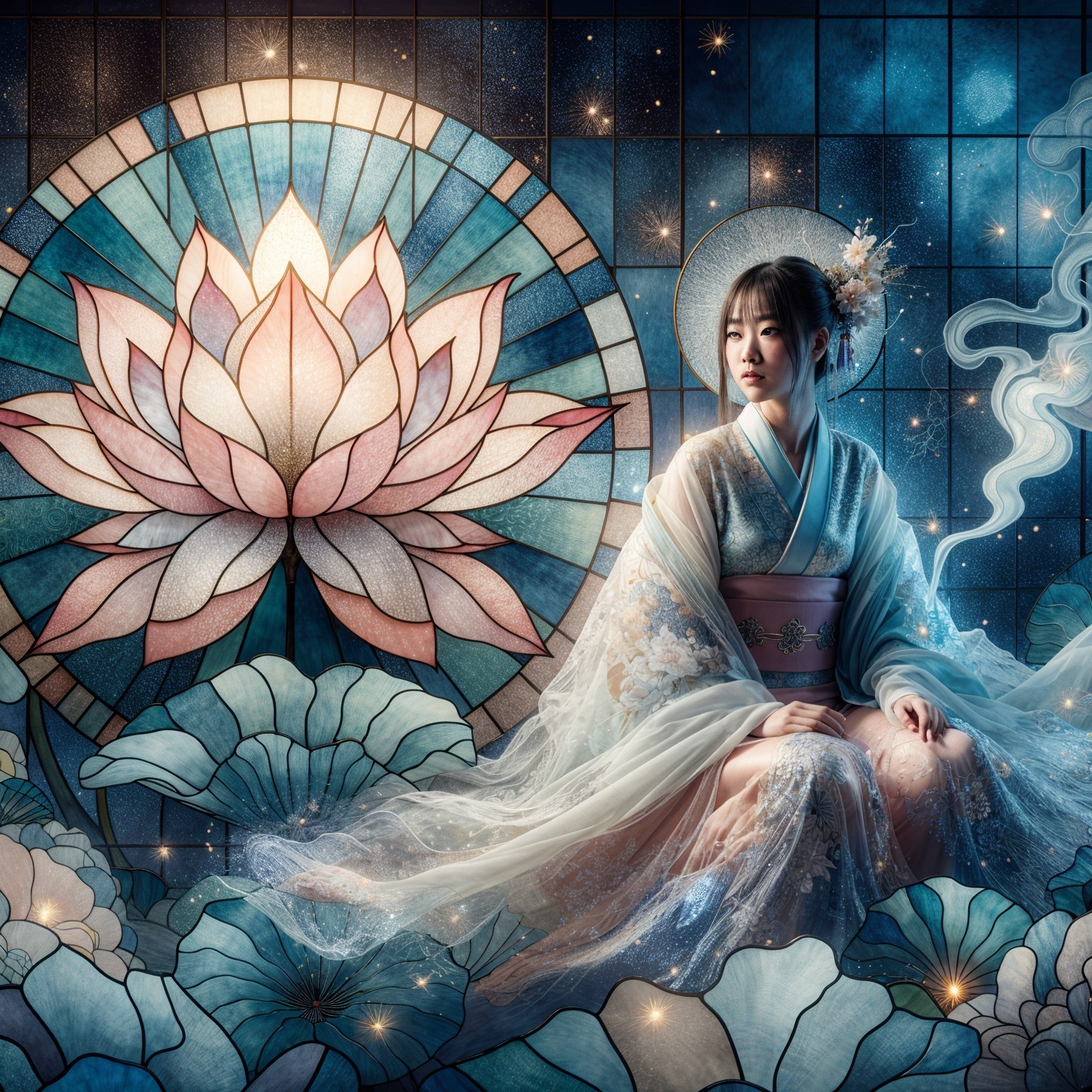 Serene Figure in Kimono with Stained Glass Lotus Backdrop