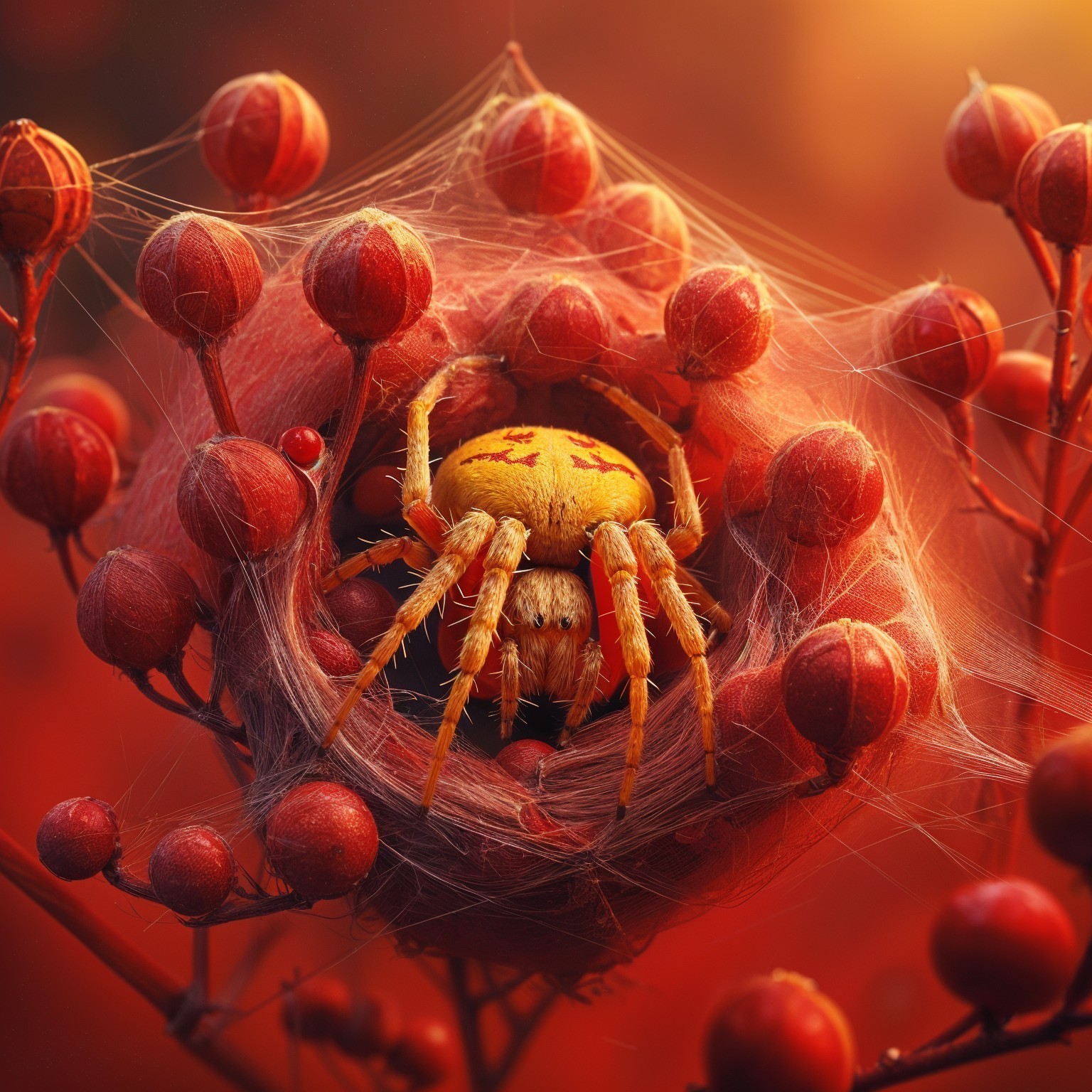 Golden Spider in Web Cocoon Amid Red Berries