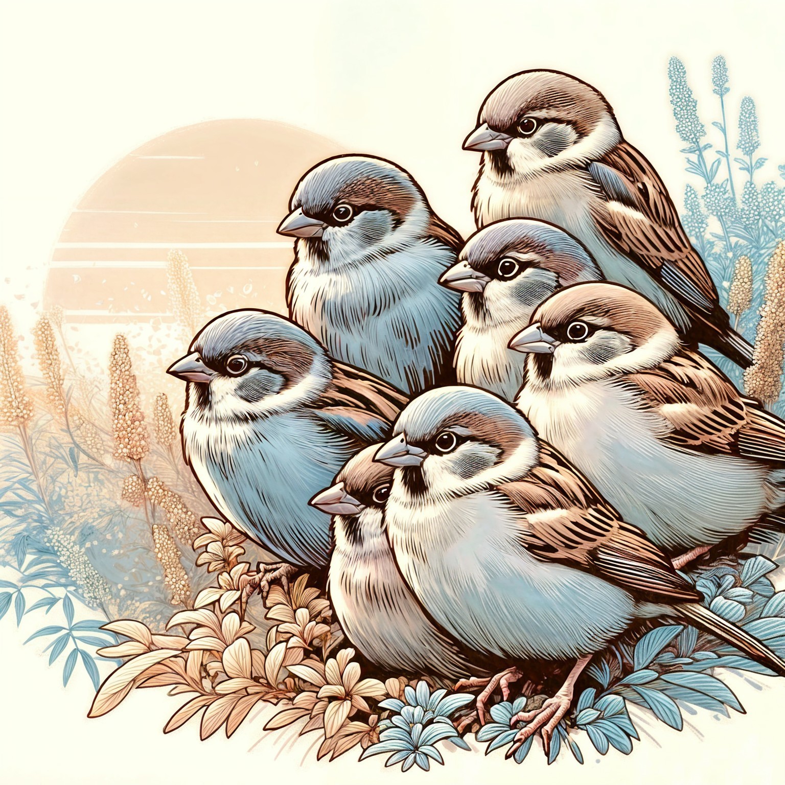 Sparrows Nestled Among Flowers and Blue Foliage Illustration