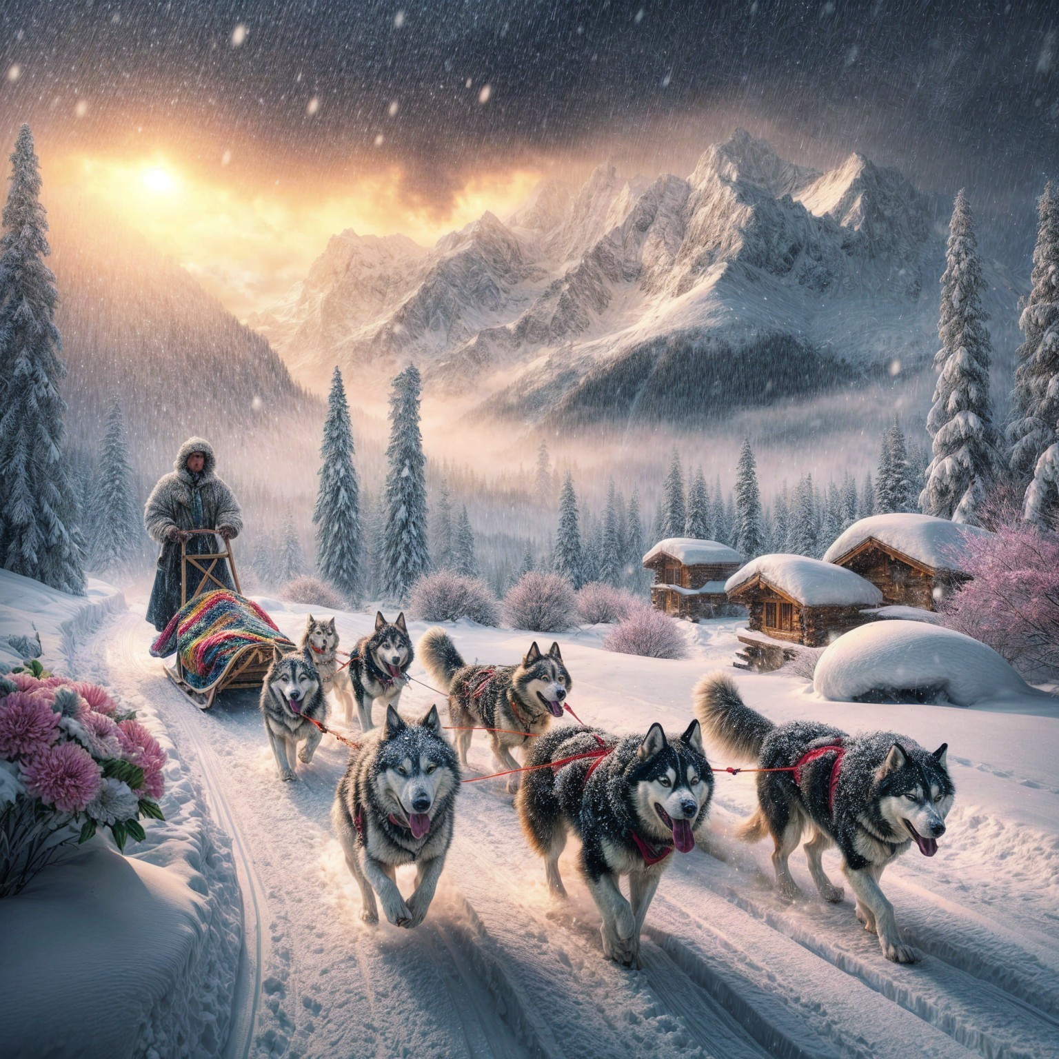 Huskies Pulling Sled in Scenic Winter Landscape