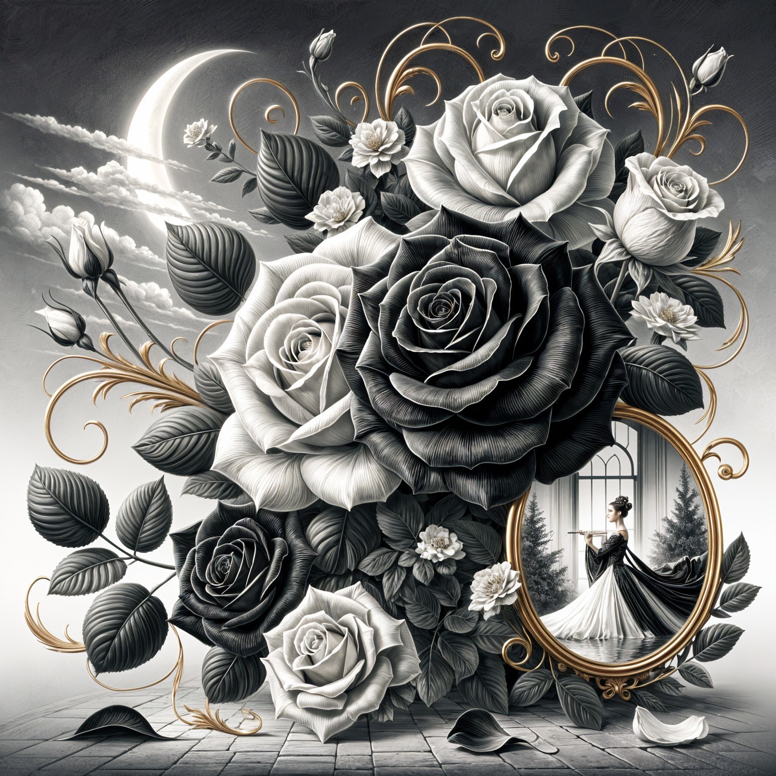 Black and White Floral Arrangement with Elegant Details