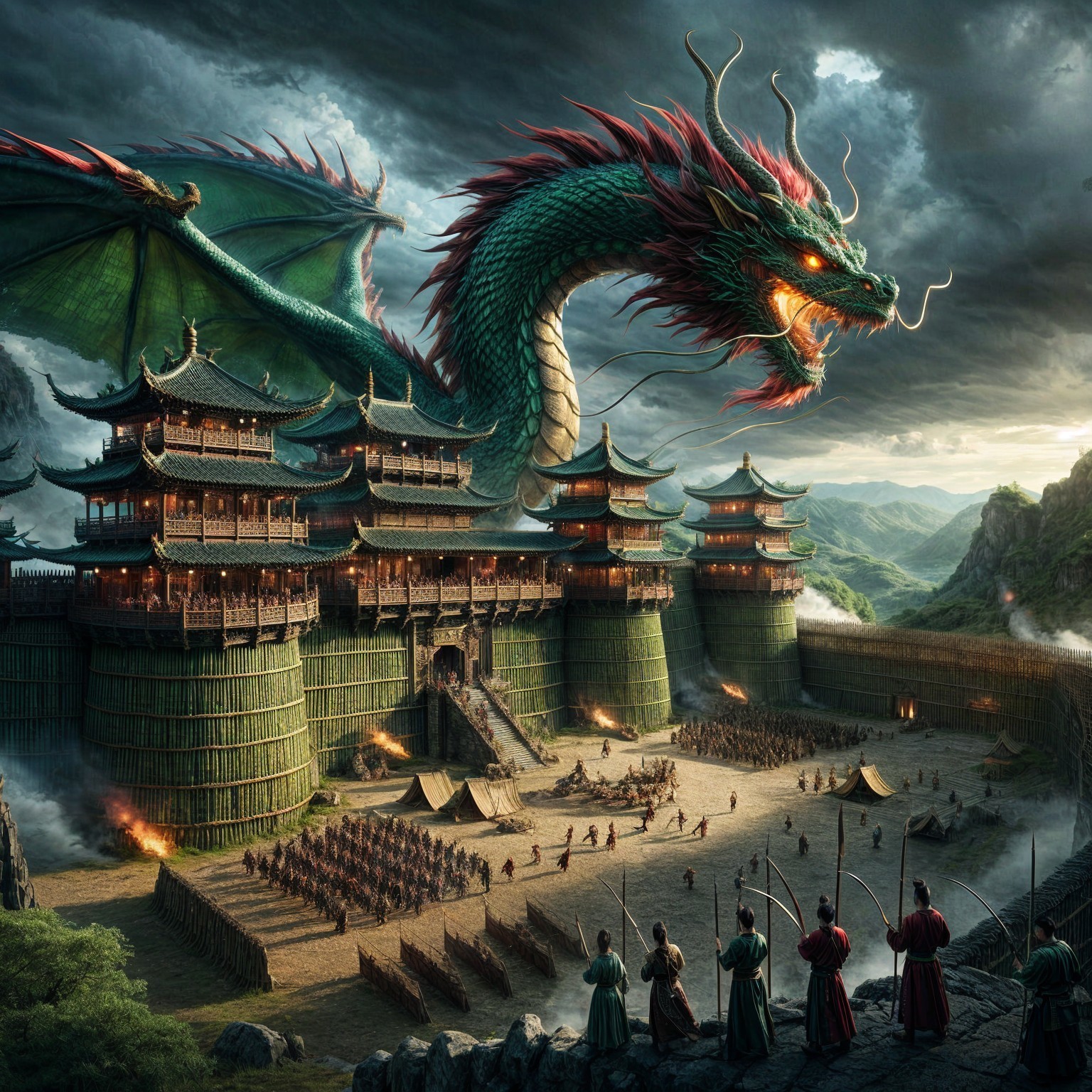Ancient fortress with dragon and warriors in battle scene
