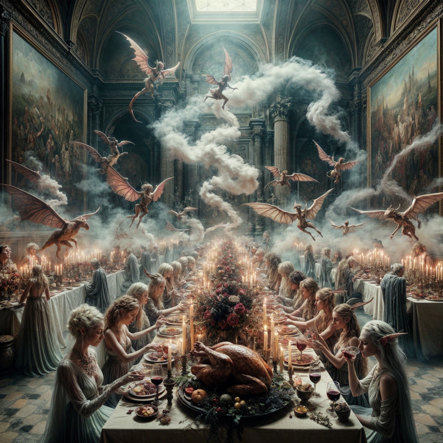 Ethereal Figures Dining in an Ornate Hall Setting