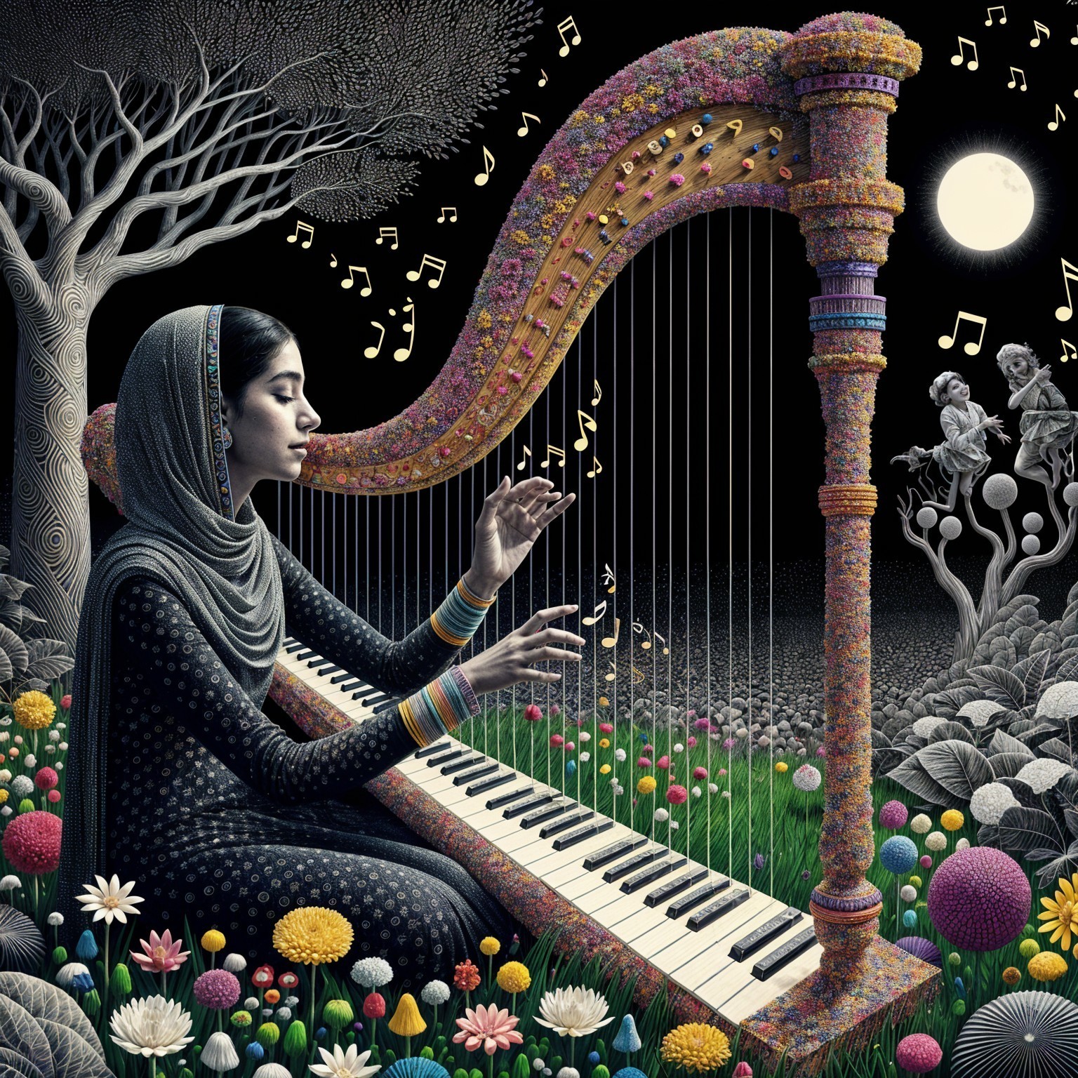 Young woman playing harp in a vibrant garden scene