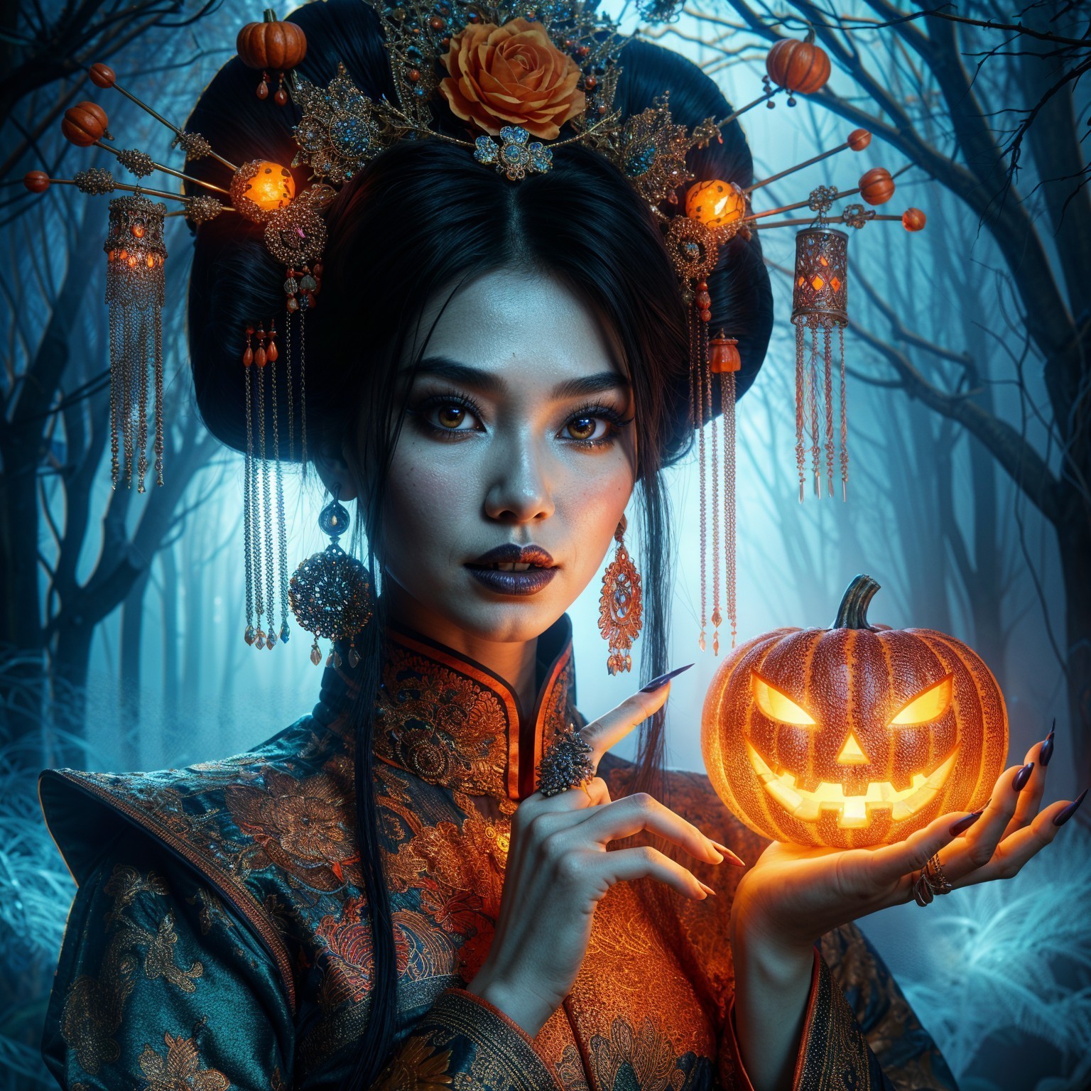 Mystical Woman in Ornate Outfit with Jack-o'-Lantern
