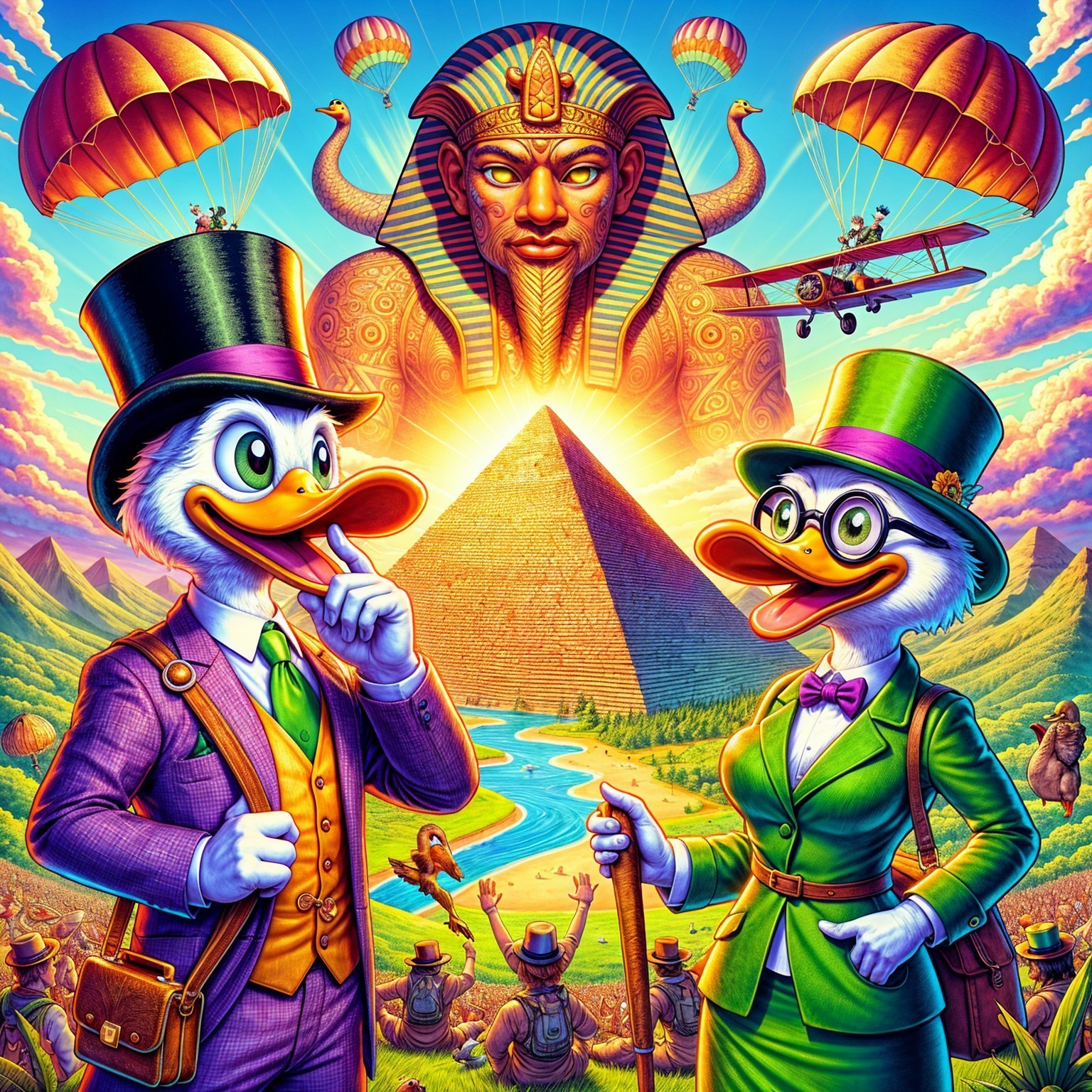 Anthropomorphic Ducks by Pyramid with Pharaoh Statue