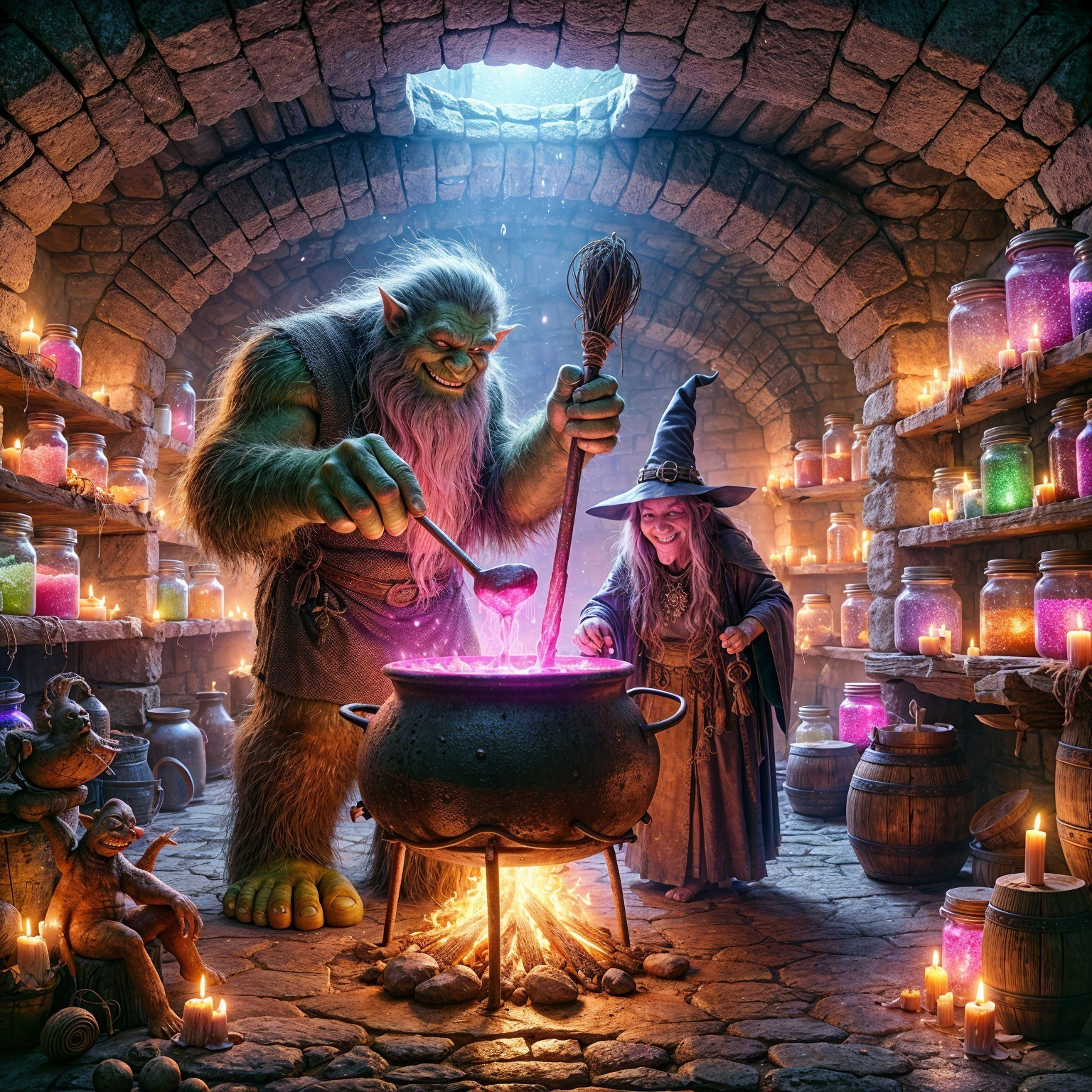 Ogre and Witch in a Mystical Stone Cellar Scene