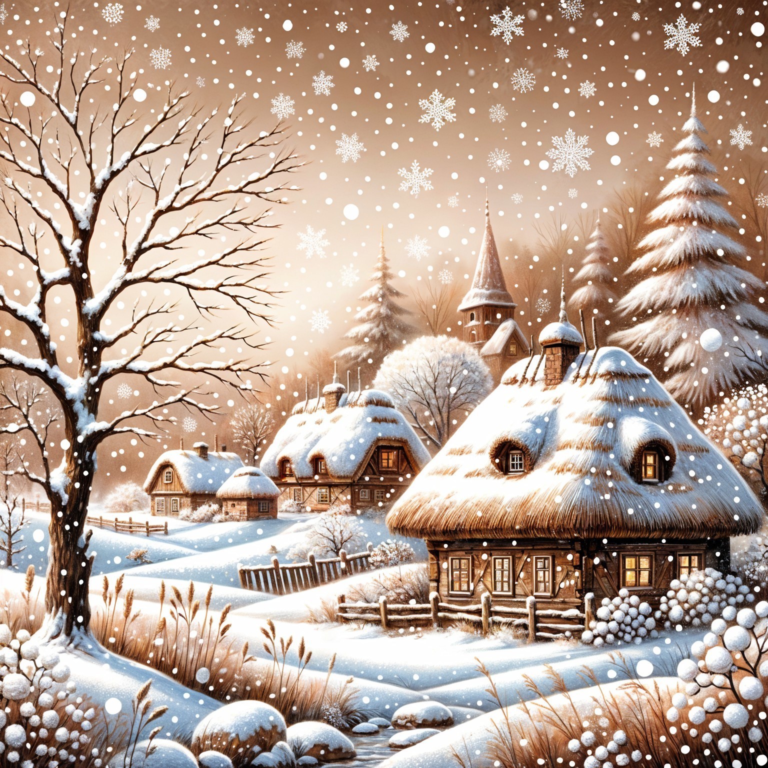 Serene Winter Landscape with Cottages and Snowflakes
