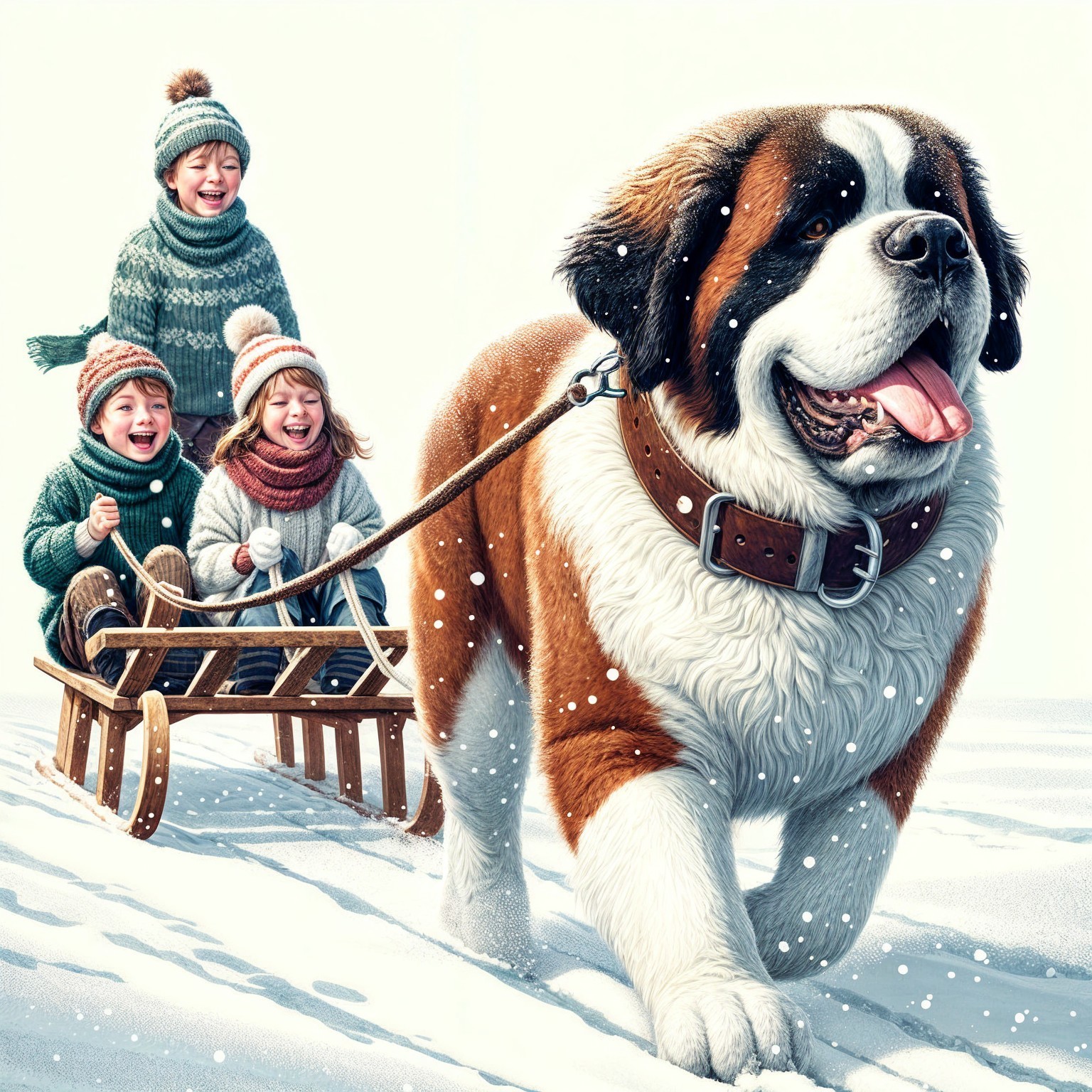 Children Sledding with Saint Bernard in Snowy Landscape