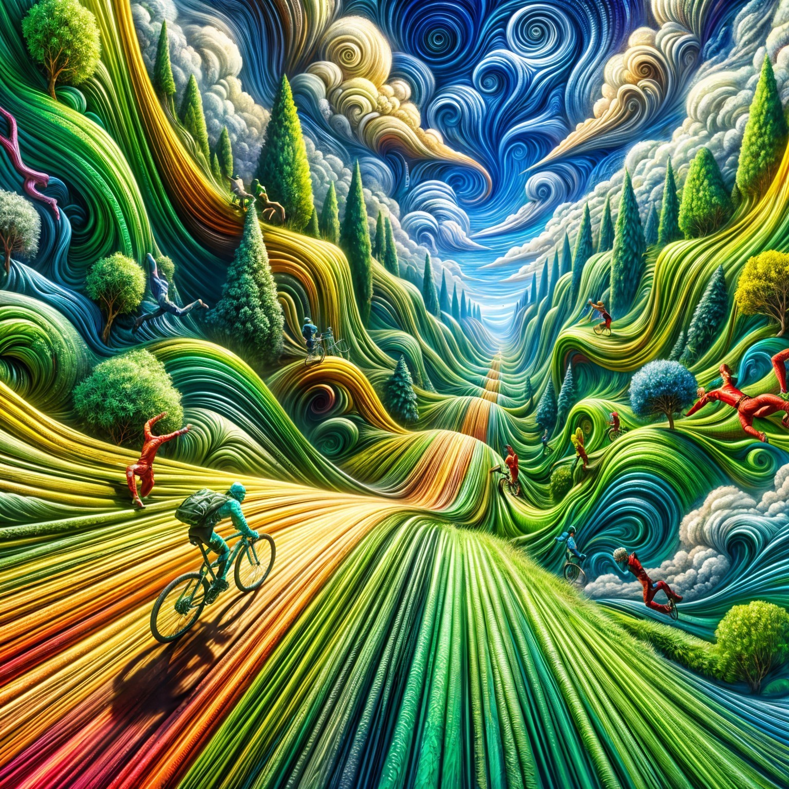 Surreal Landscape with Cyclist and Playful Figures
