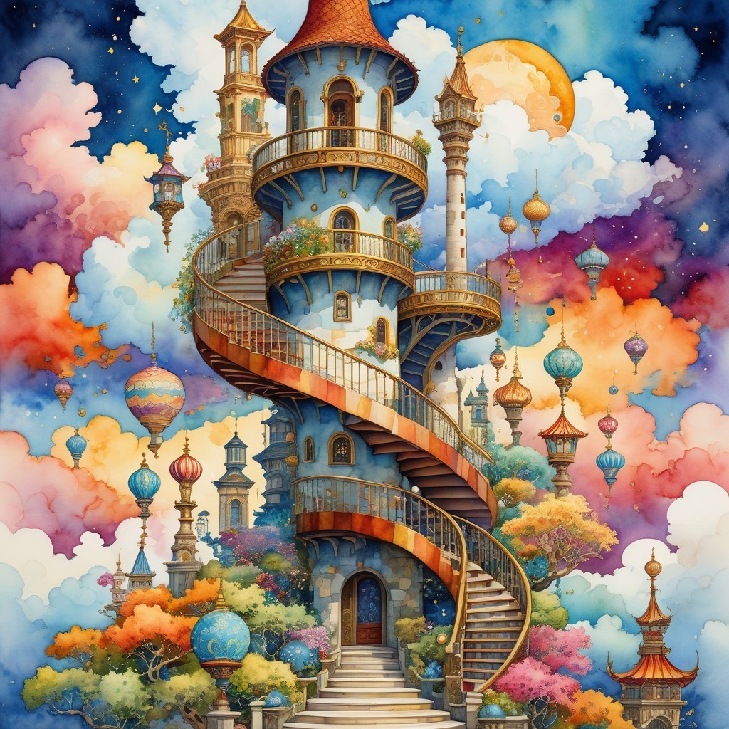 Whimsical Tower Surrounded by Colorful Clouds and Balloons