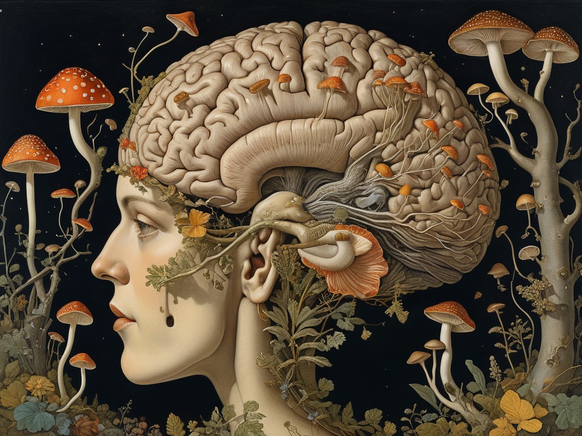 Surreal Profile of a Woman with Brain and Nature Elements