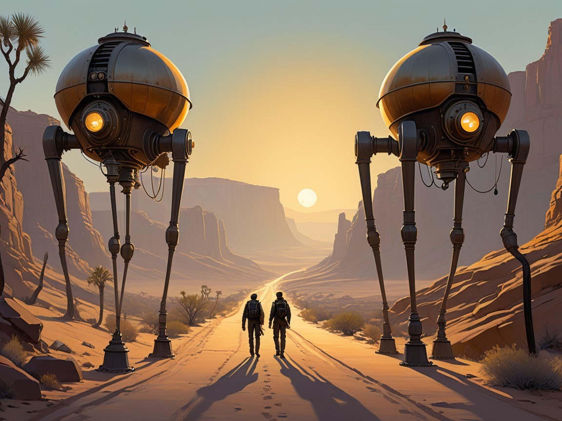 Desert Sunset with Robots in a Sci-Fi Landscape