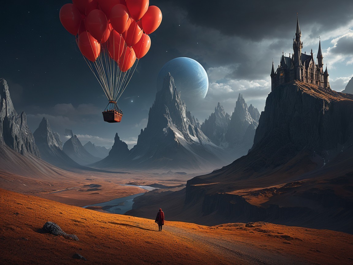 Lone Figure in Red Cloak in Enchanting Landscape