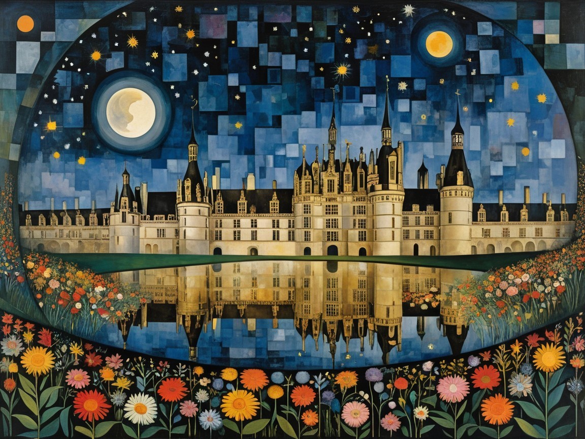 Castle with Architectural Details Under Starry Sky