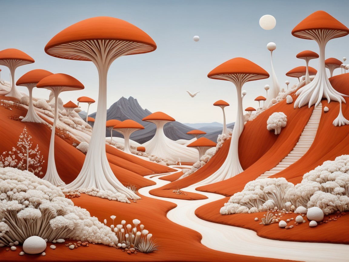 Surreal Landscape with Orange Mushrooms and River
