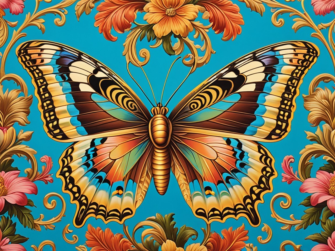 Vibrant Butterfly with Floral Design on Turquoise Background