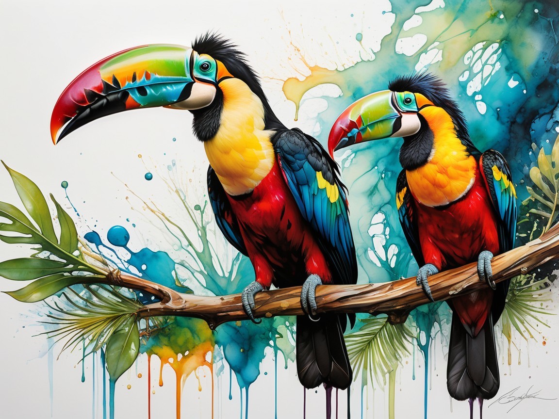Vibrant Toucans on Branch with Watercolor Background