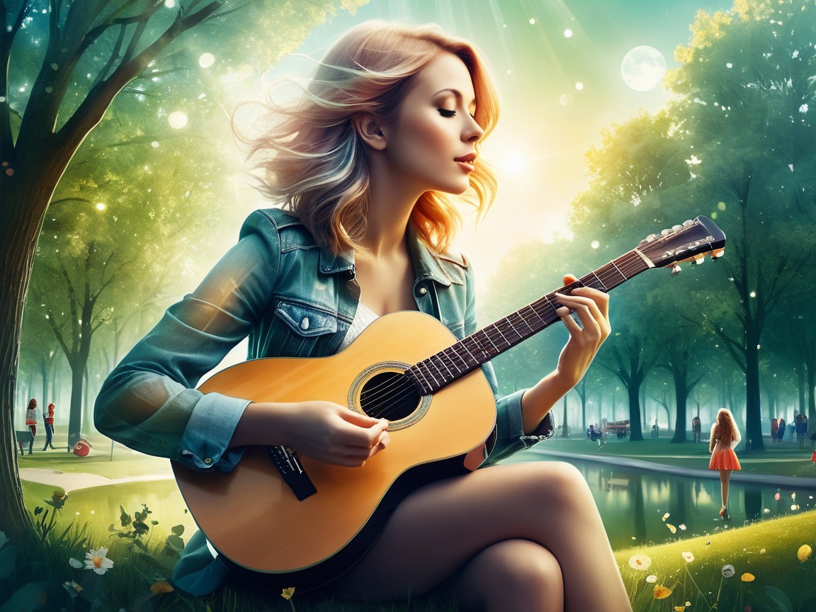 Young Woman Playing Acoustic Guitar in Sunlit Park