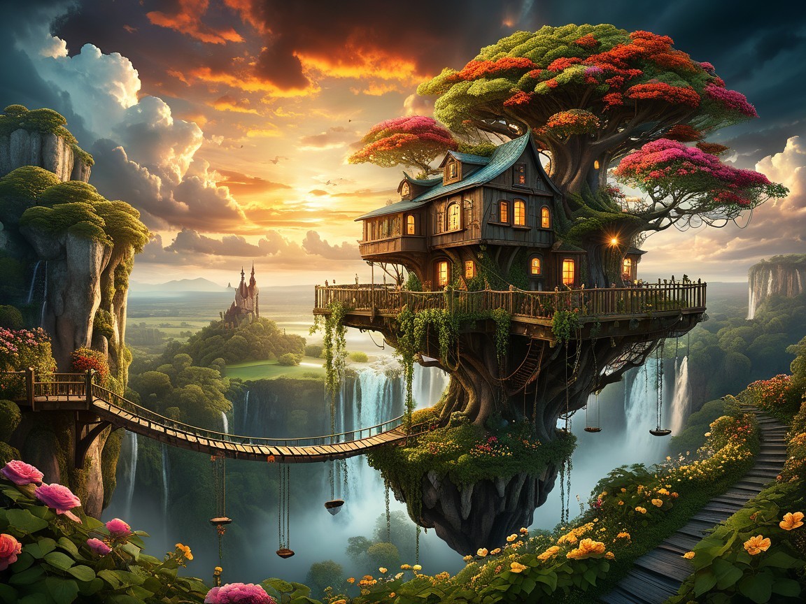 Whimsical Treehouse in a Fantasy Landscape