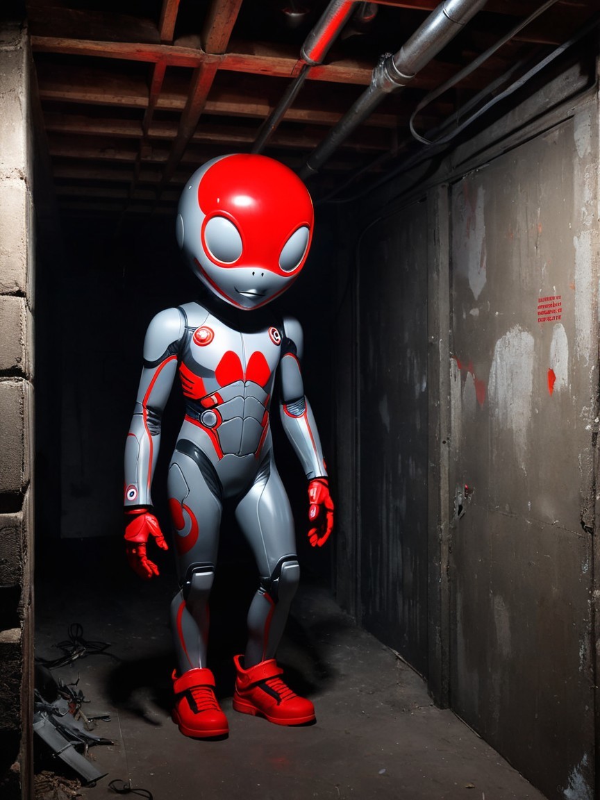 Futuristic Robot in Dimly Lit Industrial Corridor
