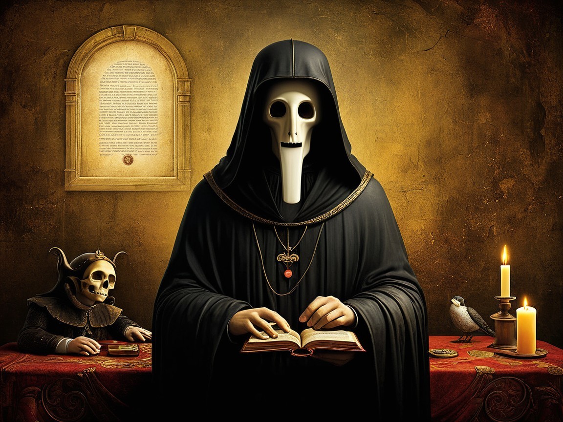 Mysterious Figure in Dark Robe with Ancient Artifacts