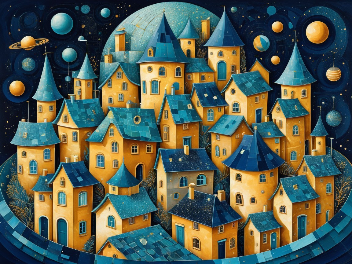 Whimsical Village with Colorful Houses and Cosmic Sky