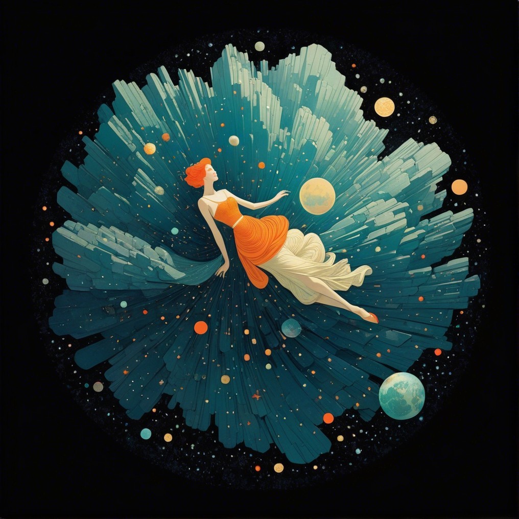 Surreal Cosmic Scene with Woman in Orange Dress
