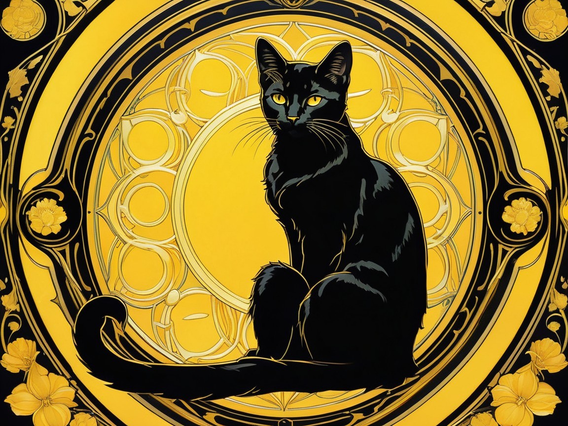 Black Cat with Yellow Background and Floral Motifs