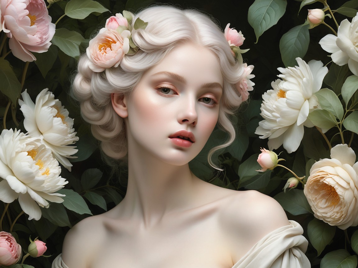 Portrait of a Young Woman with Platinum Hair and Flowers