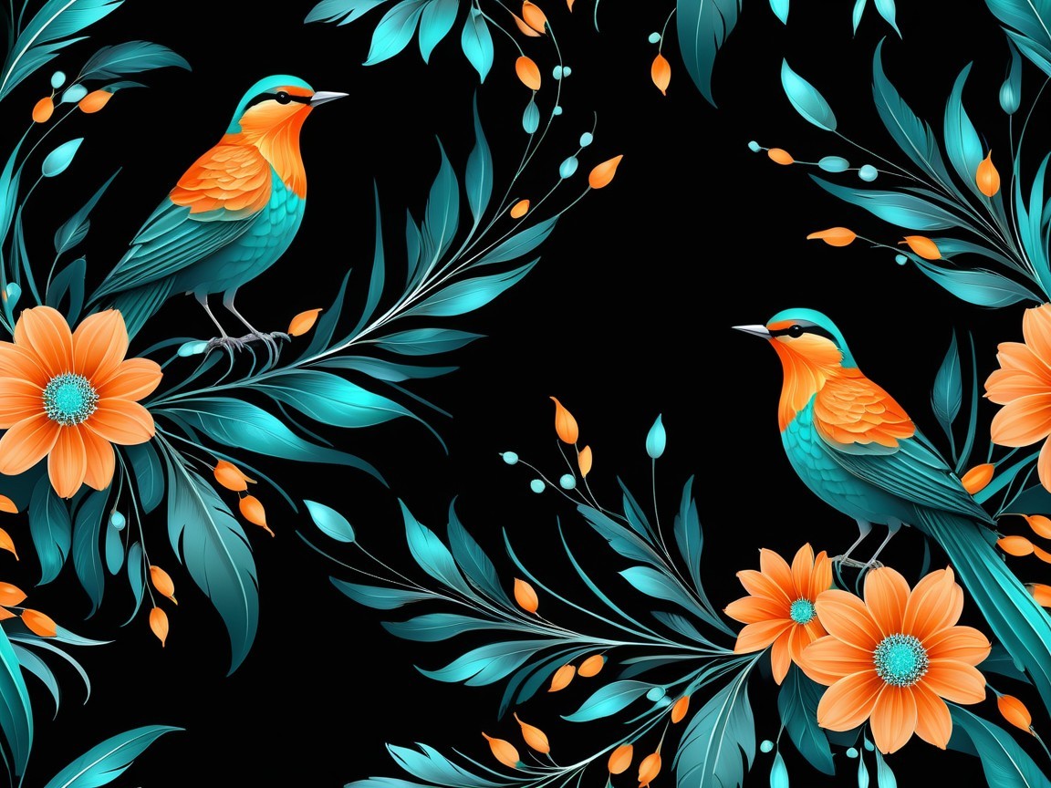 Vibrant Floral Pattern with Colorful Birds on Black Background