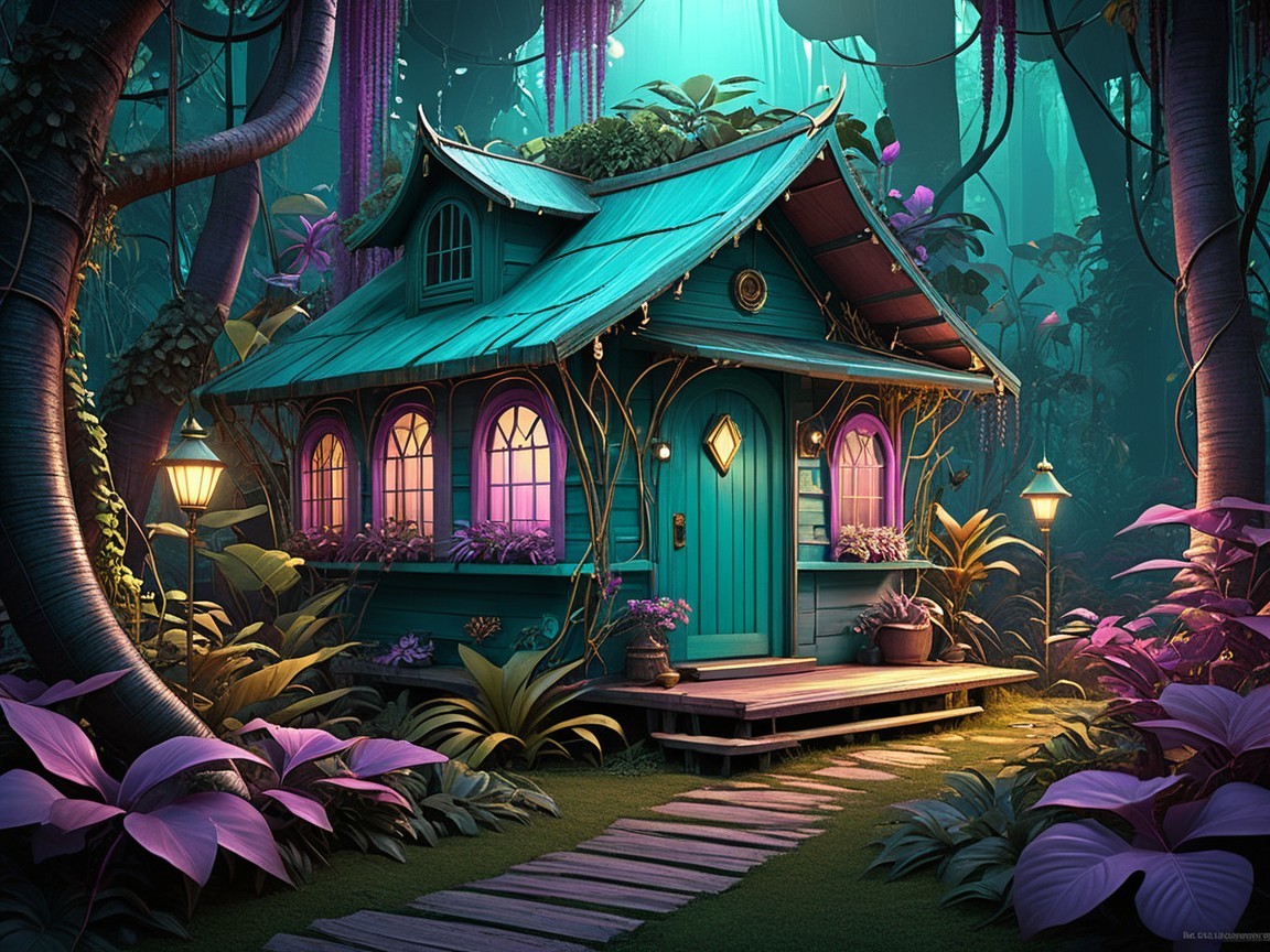 Whimsical Turquoise Cottage in a Lush Jungle Setting