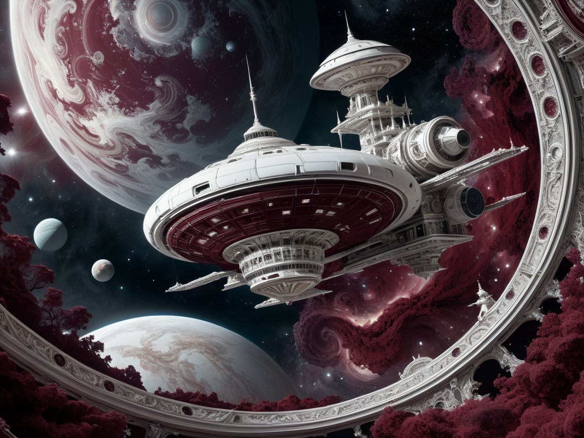 Futuristic Space Scene with Ornate Spacecraft and Planets