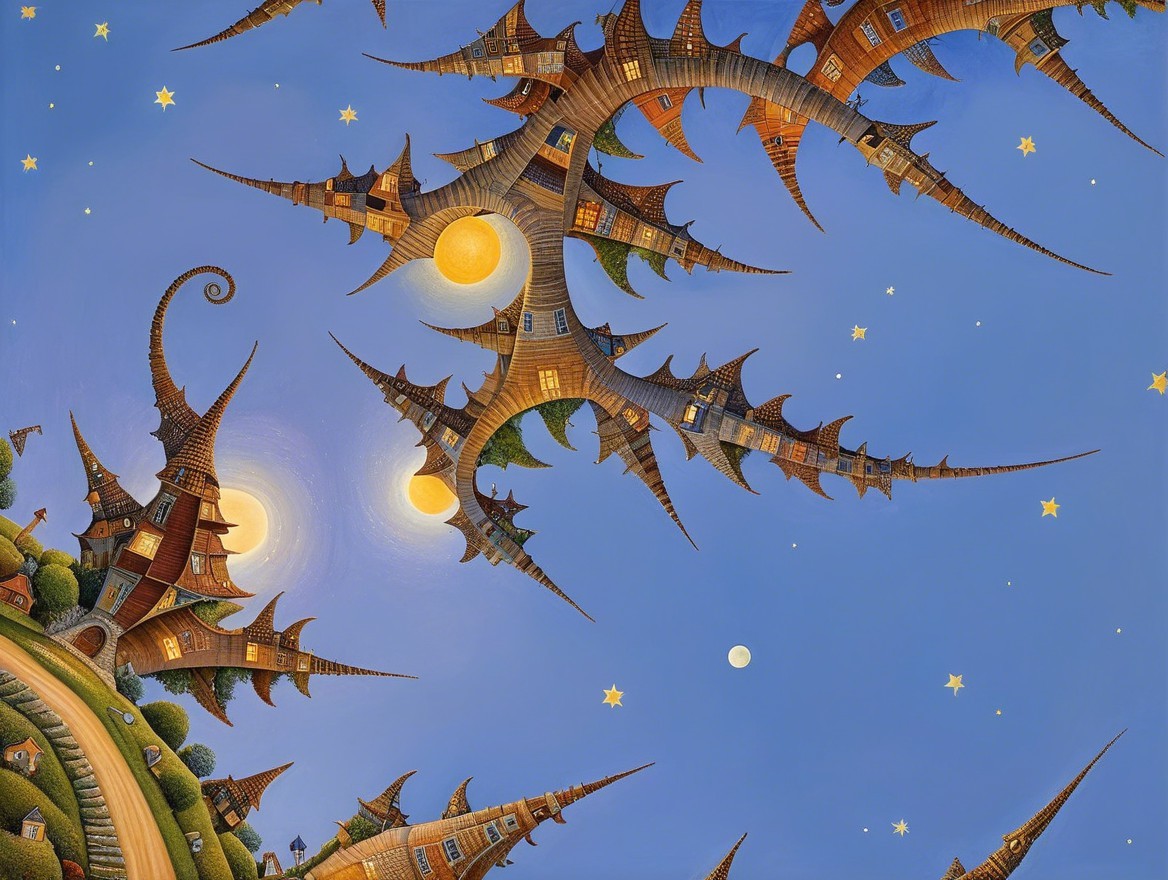Whimsical Landscape with Spiral-Shaped Buildings