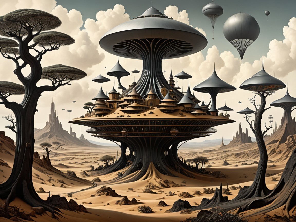 Surreal Landscape with Mushroom Structures and Balloons