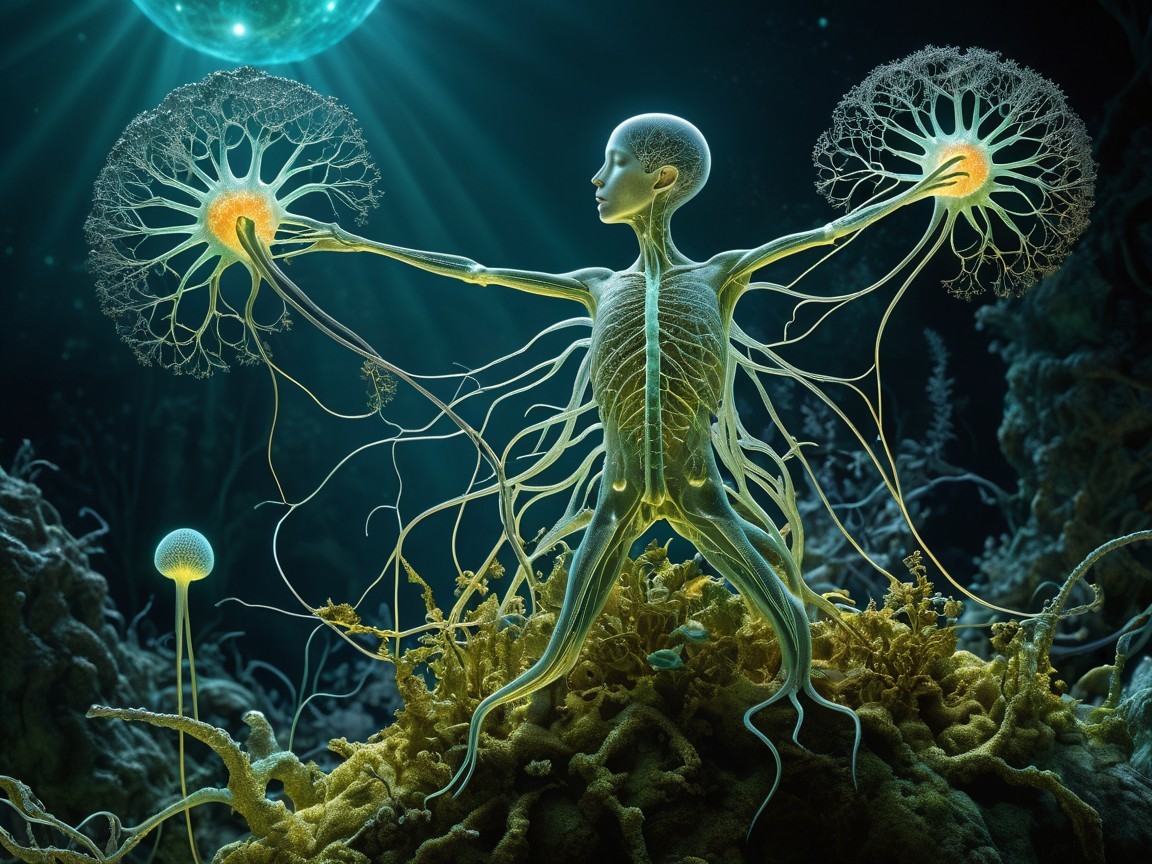 Surreal Underwater Figure with Organic Elements