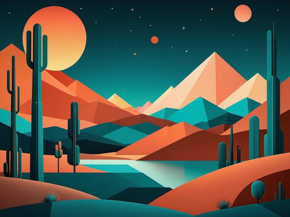 Vibrant Night Desert Landscape with Cacti and Celestial Bodies