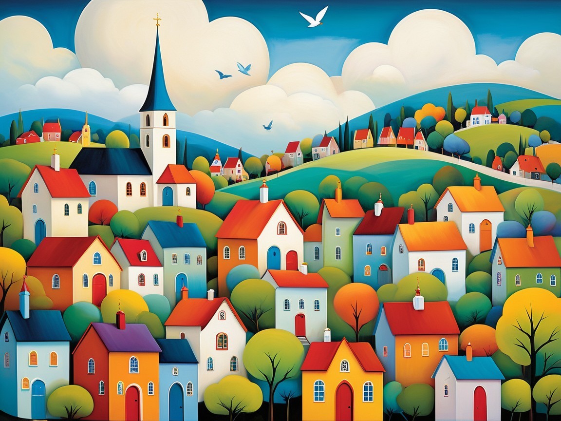 Colorful Village Scene with Houses and Lush Landscape