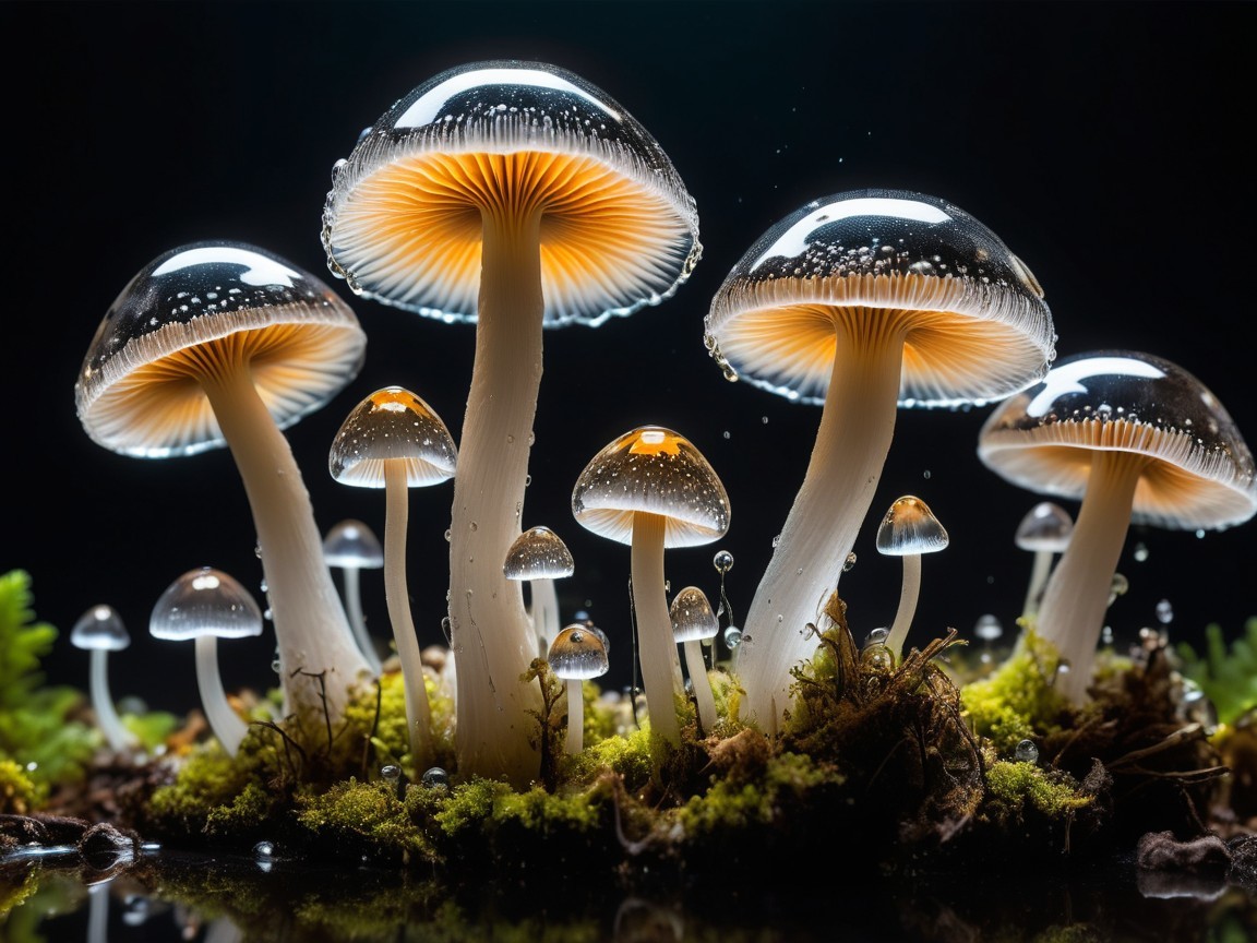 Mushrooms on Green Moss with Water Droplets